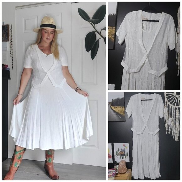 CRISP White Vintage Algo Short Sleeve Maxi Dress Sown in Mesh Embroidere… - Picture 9 of 11